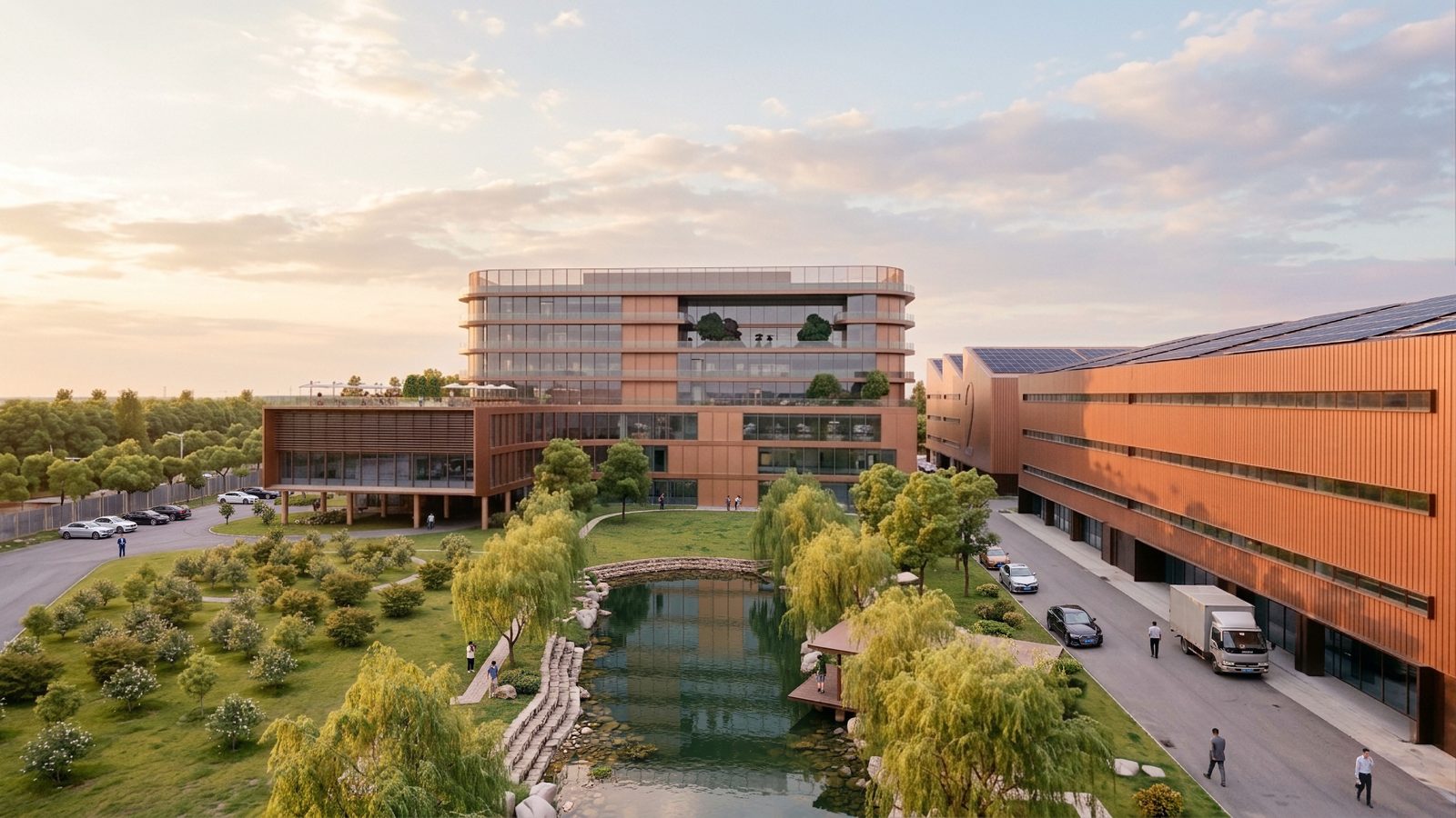 Rendering: office building beside a landscaped pond and factory blocks at dusk, GS Technology Park