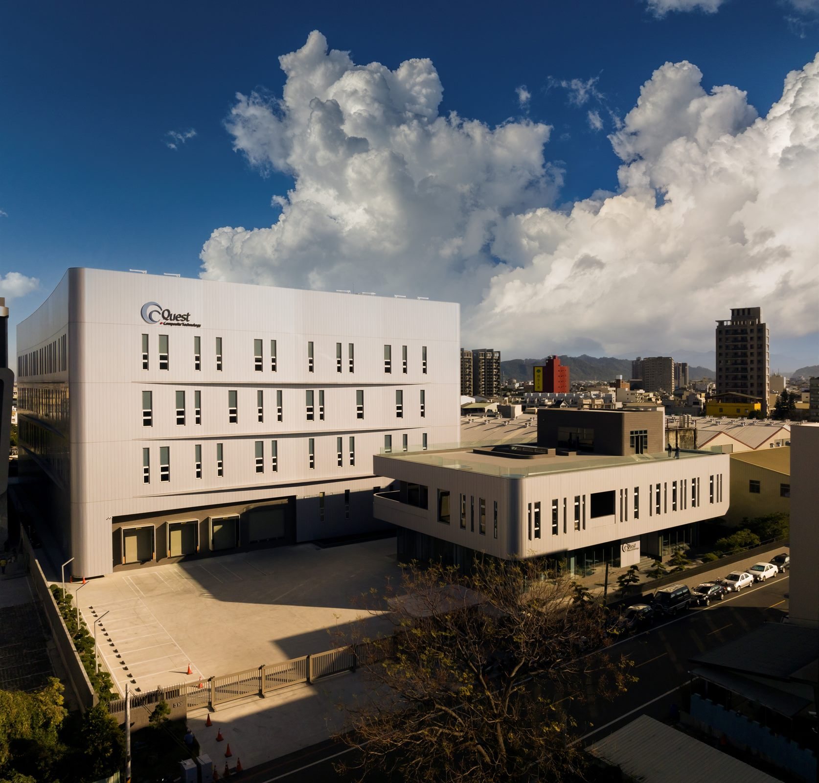 Quest Composite factory and office buildings under a summer sky, Taichung